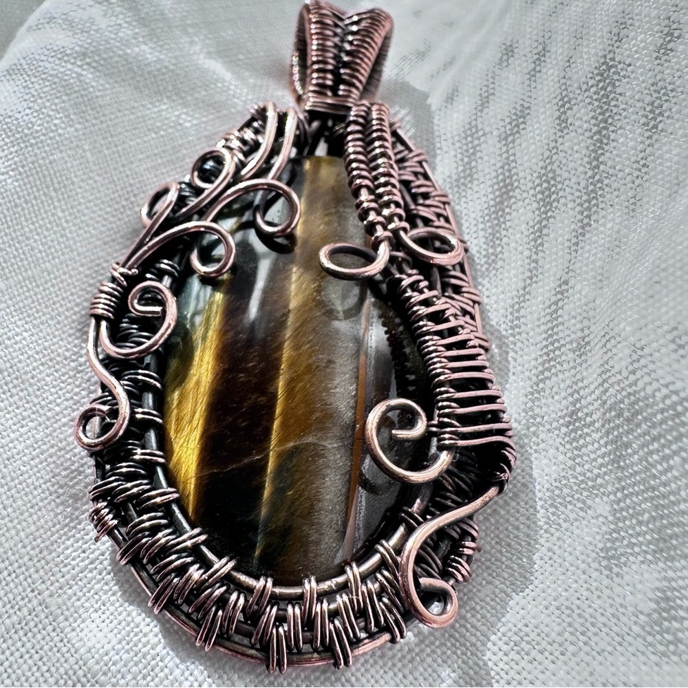 Hand Crafted Tiger Eye Pendant Necklace in Copper Tone Swirl Wire Wrapping